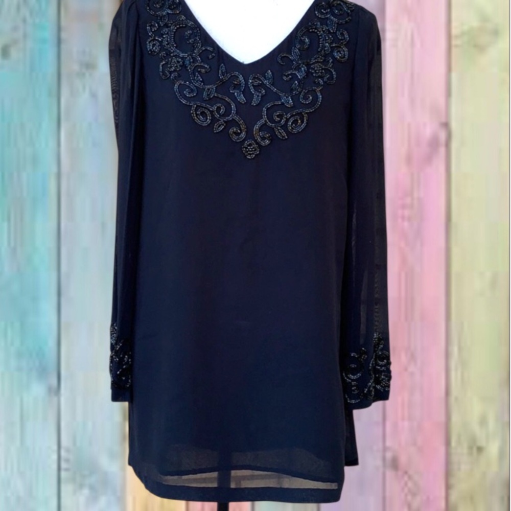 Liz Claiborne Black Beaded Trim V-neck Blouse Top